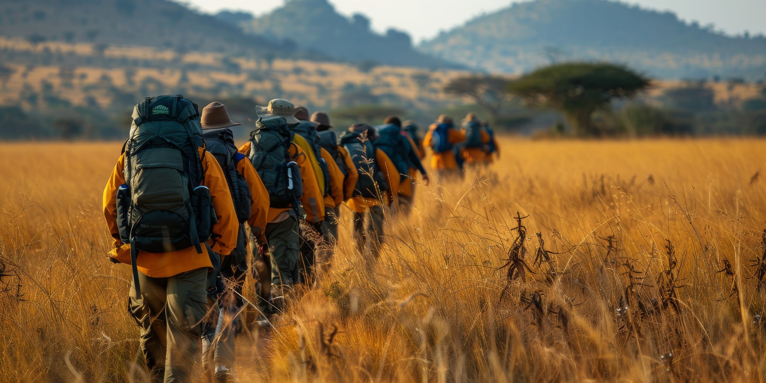 A group of people carrying backpacks is hiking through a grassy field